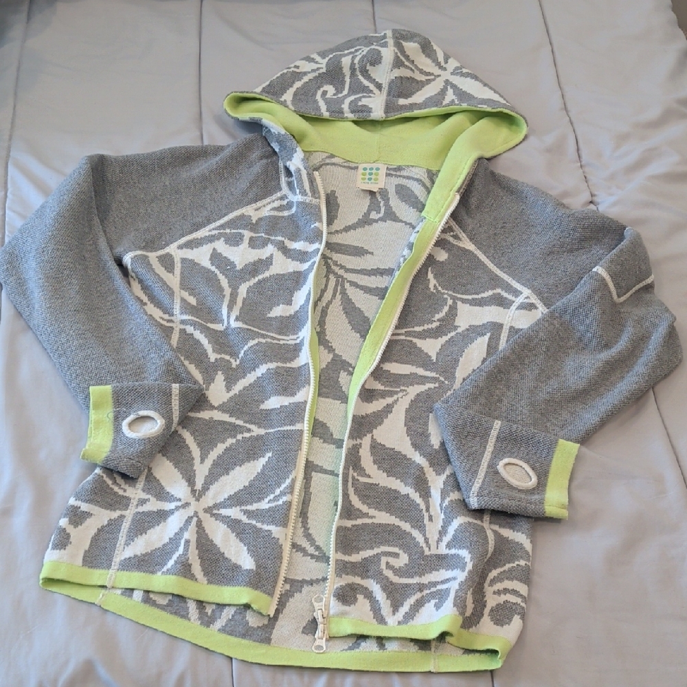 Title Nine Gray & Lime Patterned Hooded Zip Sweater